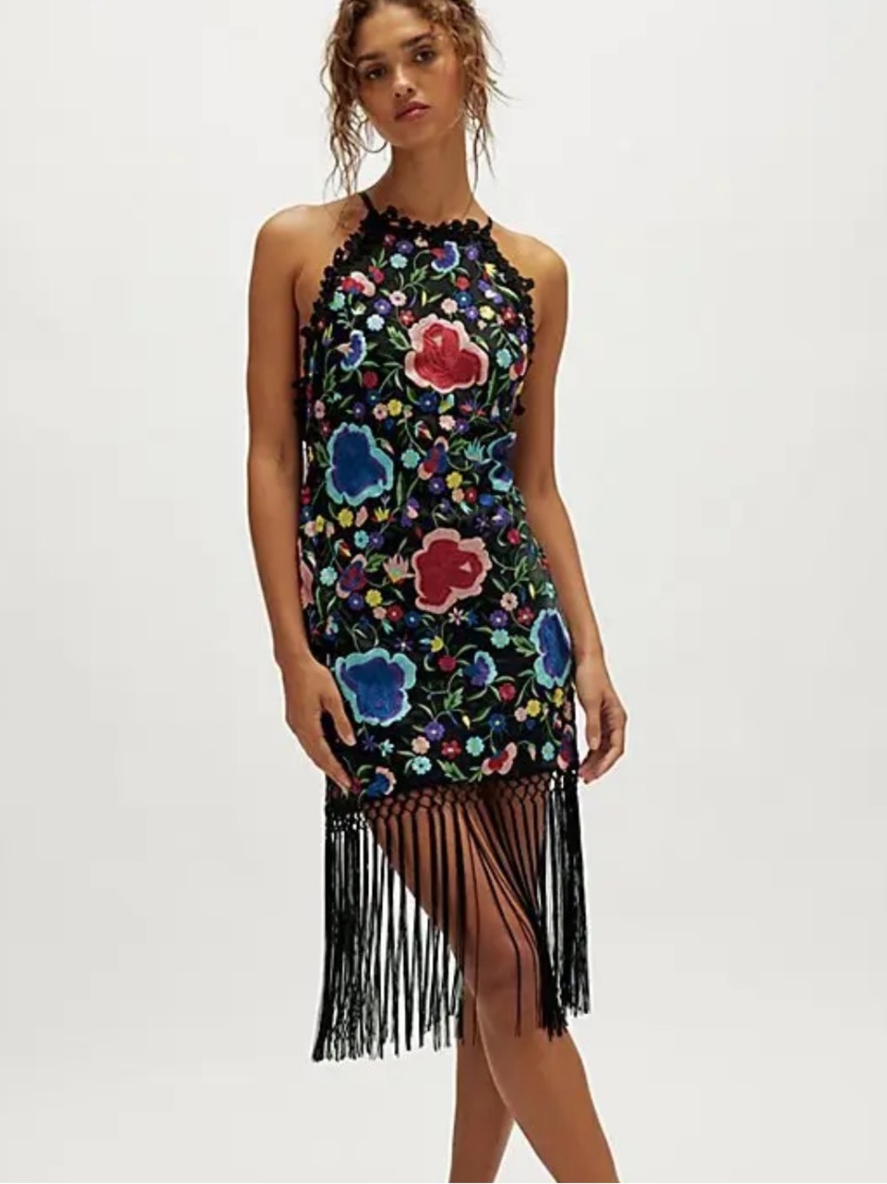 NWT Free People Black Floral Embroidered Fringe Mini Dress